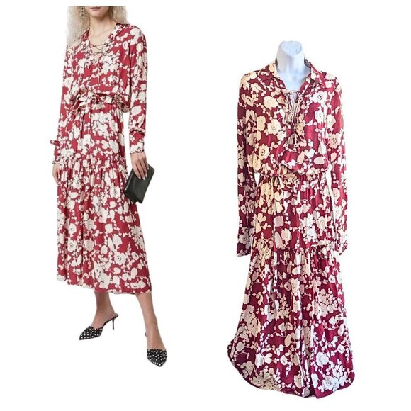ALEXIS Ambrosia Red Floral-Print Long Sleeve Tie Neck Cottage Midi Dress Size L - Picture 1 of 8